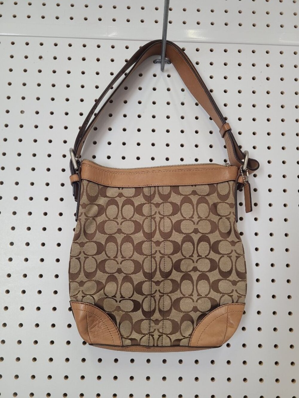 Coach Signature Brown & Tan Shoulder Bag With Adjustable Strap And Leather Trim